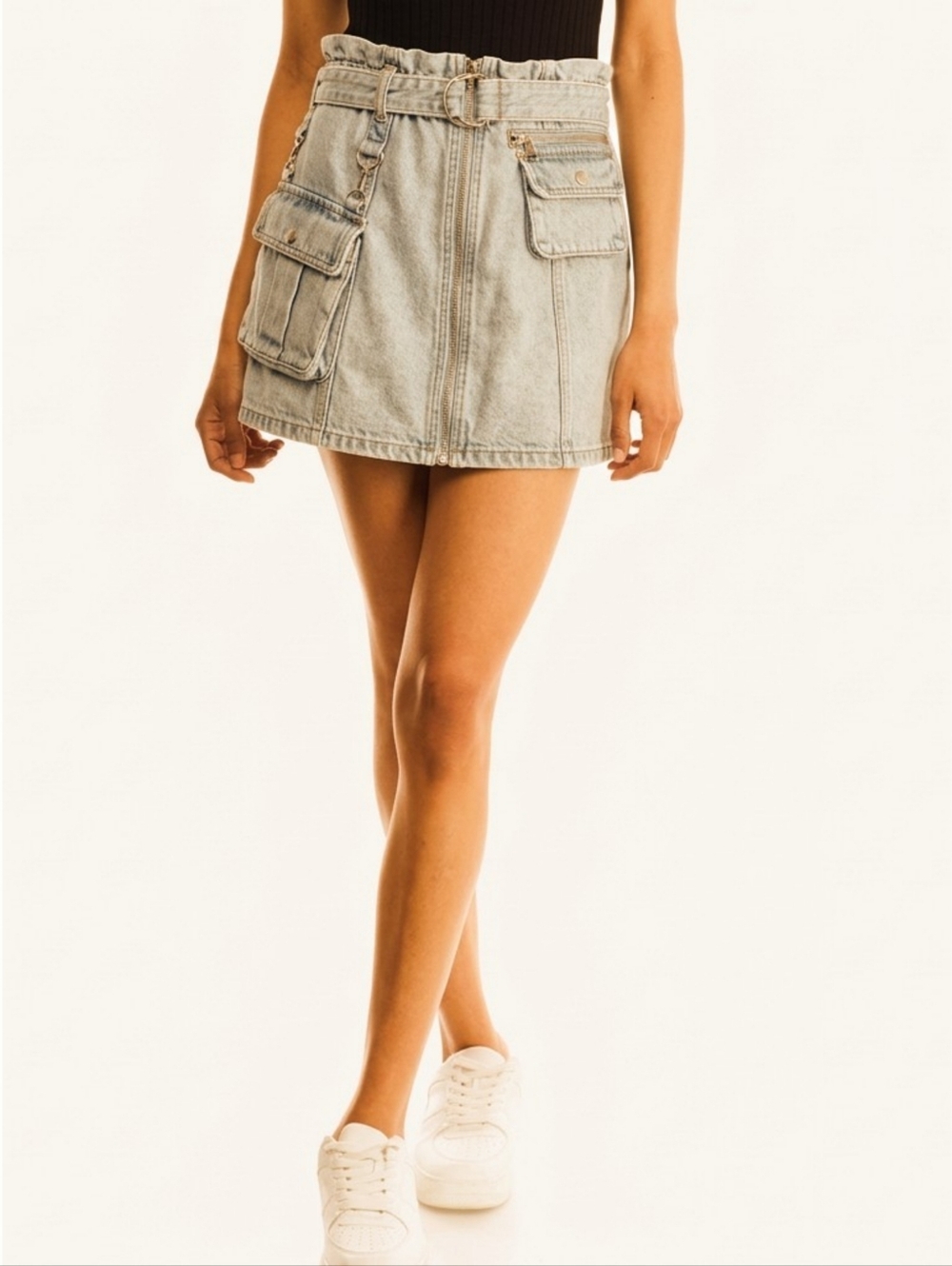 Forever 21 Belted Paperbag Denim Mini Skirt with Attached Bags